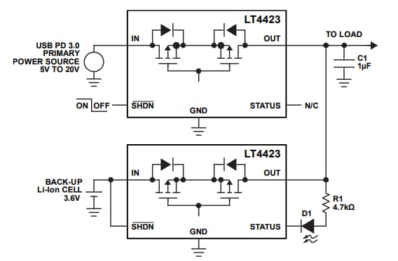 Application Circuit Diagram - Analog Devices Inc. LT4423 Ideal Diode & Load Switch